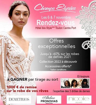 La boutique Champs Elysées Mariage vous attend à l'hôtel Ibis Style les 6 et 7 novembre.